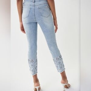 Light Blue Floral Laser-Cut Crop Jeans